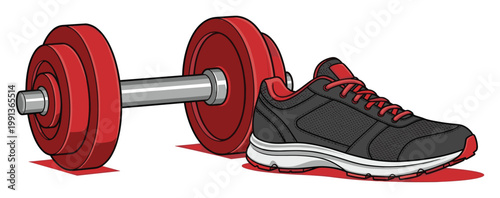 Red dumbbell and athletic running shoe for gym, fitness, and active lifestyle advertising campaigns