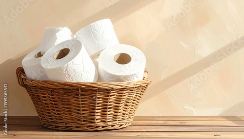 Wicker Basket Filled with White Toilet Paper Rolls on Wooden Surface