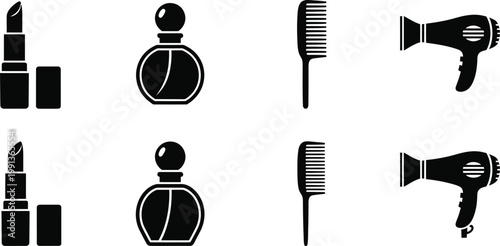 Beauty products icon set lipstick perfume comb hair dryer editable stroke vector illustration