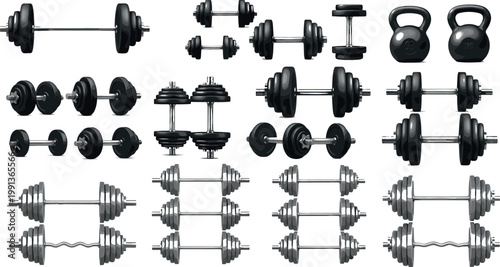 Set of dumbbells, barbells, and kettlebells in various styles, fitness equipment collection for gym workout vector illustration isolated