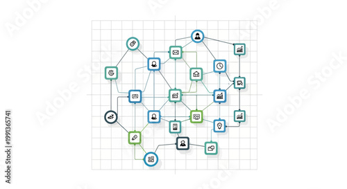 Network topology, connection diagram, blue and green nodes, grid background, vector illustration, infographic elements, 25 icons