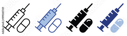 Syringe and capsule drug icons for healthcare, vaccination, pharmacy, and medical treatment applications