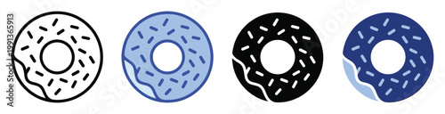 Delicious graphic donut icon variations featuring sprinkles and creamy frosting, ideal for bakery menus, food apps, or snack advertisements.