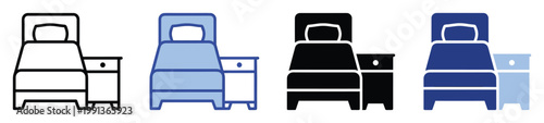 Bed and nightstand graphic icon for sleep, hotel, and accommodation applications.