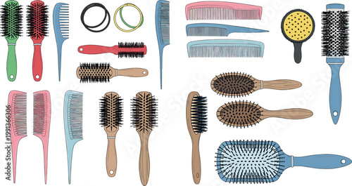 Set of hair brushes, combs, and styling tools collection, barber and salon equipment isolated vector illustration