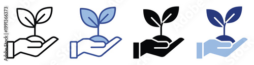 Human hand gently holding a small plant sprout symbolizing environmental care and sustainable growth icon.