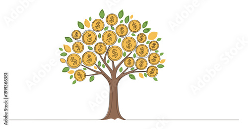 Money tree growing dollar coins symbolizes financial success and investment growth for business visuals
