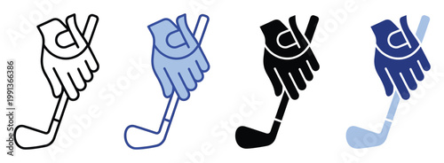 Golf player hand wearing a glove gripping a club in various graphic styles perfect for sports training applications and equipment visuals