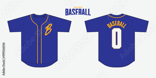 Minimal full button baseball jersey mockup template design. Editable stroke and easy to replace pattern. Front view, back view baseball uniform design. 