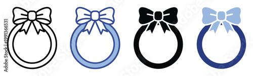 A graphic representation of a decorative bow tied around a circular frame for holiday greetings gift wrapping or festive event invitations