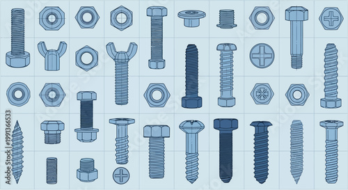 Set of Various Metal Bolts Screws and Nuts Collection.