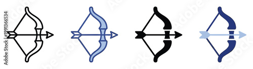 Classic archery bow and arrow vector icons for target sports, hunting, or zodiac sign representations