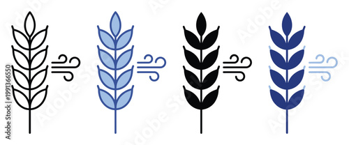 Stylized cereal crop ear icon set showing wheat blowing in the wind for agricultural and farming concepts