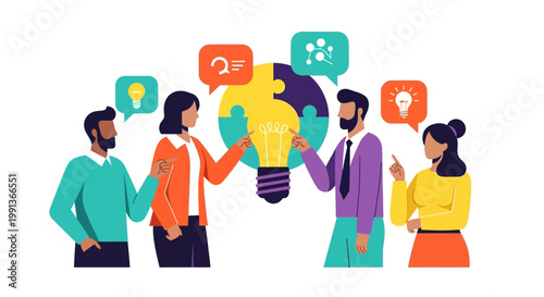 Diverse group discussing ideas together.