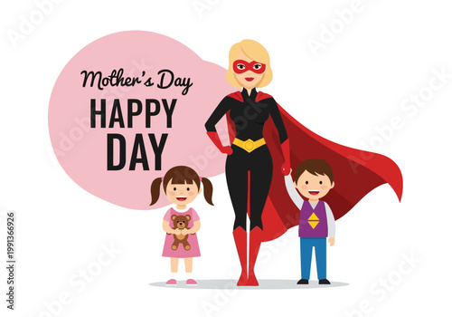 Happy Mother's Day Vector Illustration with Super Mom Character, Son and Daughter