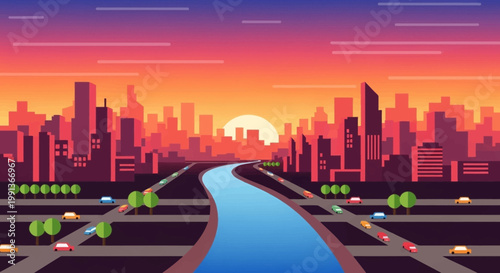 Cityscape with road and river.