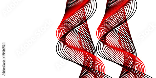 An elegant silk necktie with a red and black wave pattern and white abstract accents provides a touch of business fashion to a blue striped shirt and suit