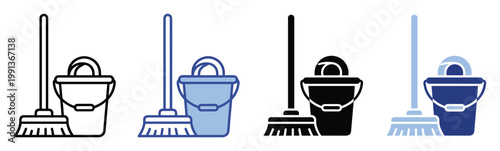 Various styles of broom and bucket icons representing household cleaning for UI design and sanitation concepts