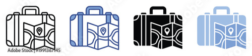 Modern travel icon with suitcase and map representing journey planning and vacation destinations for digital applications