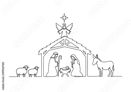 Continuous Line Art Nativity Scene with Holy Family, Baby Jesus, Joseph, Mary, Angel, and Animals in Stable - Minimalist Christmas Illustration