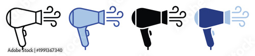 Hairdryer vector icons with blowing air in various styles for personal care product branding and salon service applications.