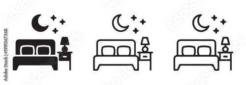 Bedroom night scene icons displaying double bed with lamp and nightstand under crescent moon and stars environment.