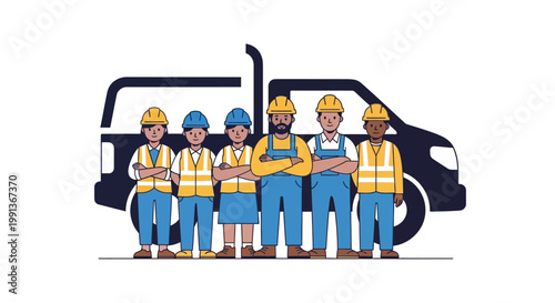 Construction workers standing beside truck.