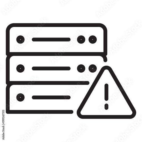 Linear illustration of a stack of server units with a warning triangle signifying a technical database or hosting failure