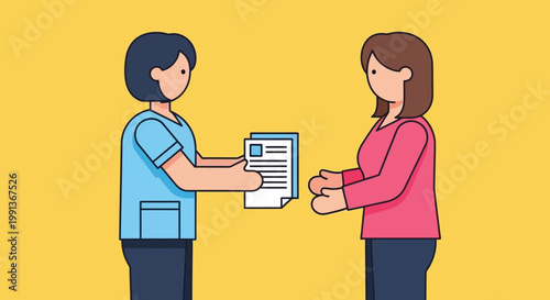 Two women exchanging a document.