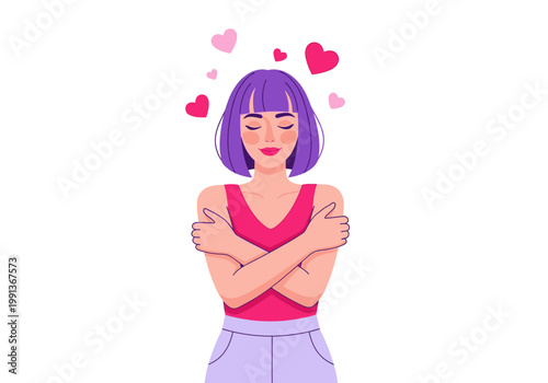 Young Woman Hugging Herself Vector Illustration, Self-Love and Mental Health Concept with Hearts