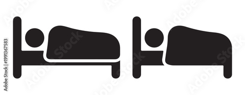 Sleeping person in bed icons set with blanket and pillow symbols for hotel and bedroom furniture design collection.
