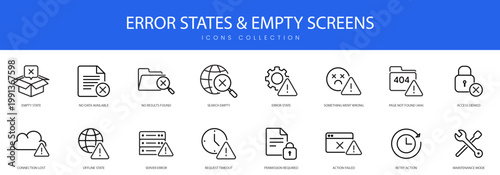 A specialized set of icons representing system errors, empty states, and technical connection issues