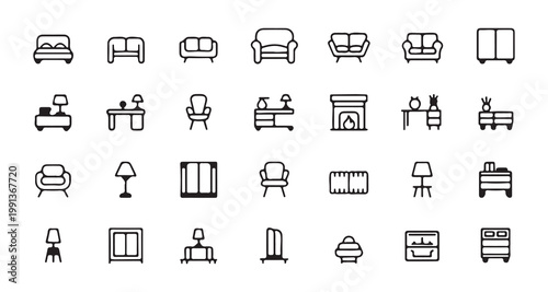 Home furniture and interior icons set featuring sofa bed desk chair lamp and decor symbols for architectural plans.