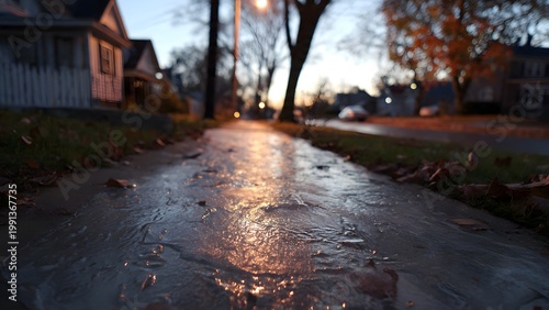 Icily Reflective Wet Sidewalk After Rain at Dusk