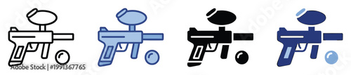 Paintball gun and marker equipment with paint ball for competitive sport gaming icon set