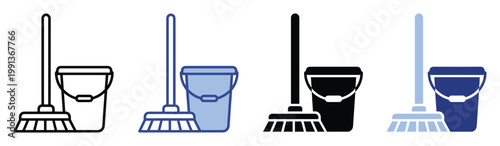 Broom and bucket icons representing sanitation and tidiness, useful for home care and professional cleaning services