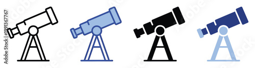 Telescope observatory device for astronomical exploration and scientific research icon set for educational applications