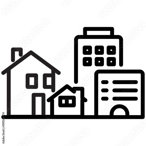 Icon showing a variety of housing types including small houses and high-rise apartments