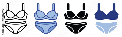 Various styles of womens bra and panty sets in outline and filled icon formats for product display