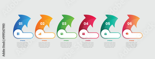 6 points infographic with gradient style with curve arrow top tilt side direction with 6 elements stages