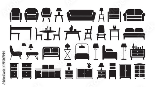 Furniture silhouette icons set with beds, sofas, chairs, tables, and lamps on white background vector illustration.