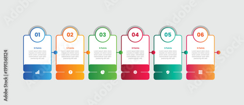 6 points infographic with gradient style with creative table box container with circle badge on top and dot line connector with 6 elements stages