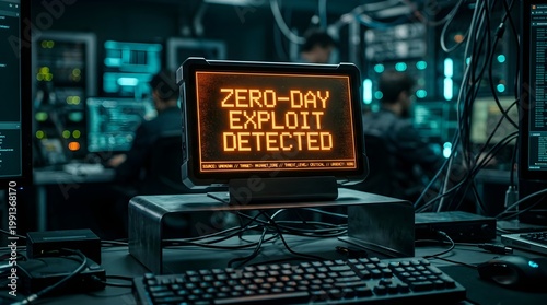 Critical zero-day exploit detected on a prominent screen in a busy, dark operations center, highlighting advanced cyber threat response