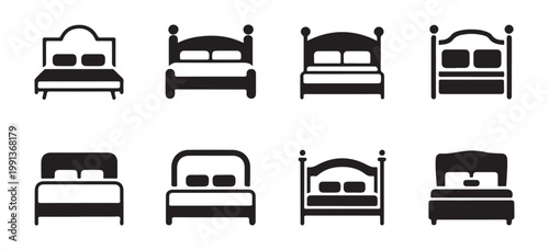 Set of solid black filled bed icons in various styles on white background.