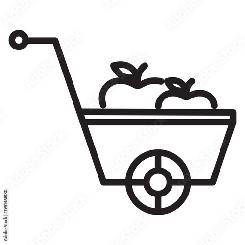 A linear icon of a wheelbarrow filled with harvested produce
