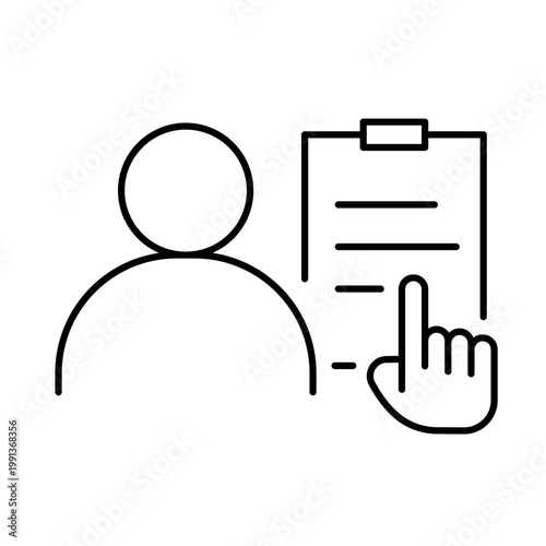 A vector icon representing decision making with a person selecting an option on a checklist, created in line style with editable stroke