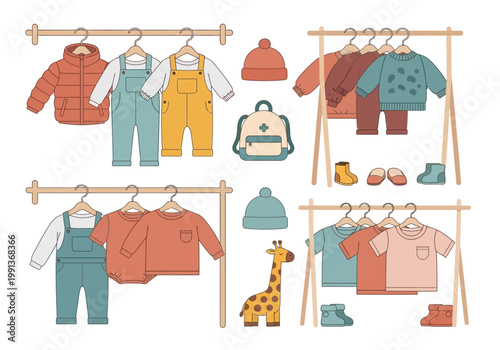 Flat Vector Illustration Set of Baby and Toddler Clothing on Racks, Featuring Jackets, Overalls, Shoes, and Accessories in Earthy Tones for Nursery or Retail Design