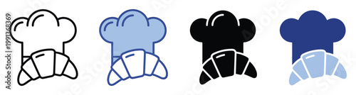 Chef hat and croissant icon collection symbolizing baking, patisserie, and breakfast for menus, applications, and branding.