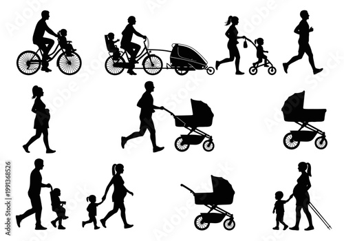 Active Family Lifestyle Silhouettes Set - Parents Jogging, Cycling, and Walking with Strollers and Children