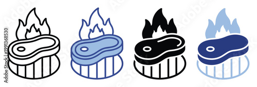 Grilling steak icon collection with flames, perfect for restaurant menus or food applications
